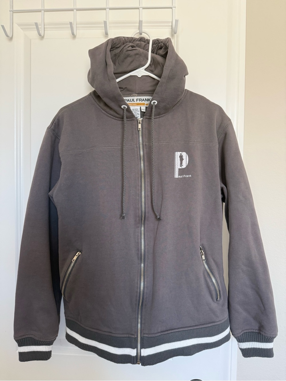 Vintage Paul Frank Men's Gray Zip-Up Hooded Jacket